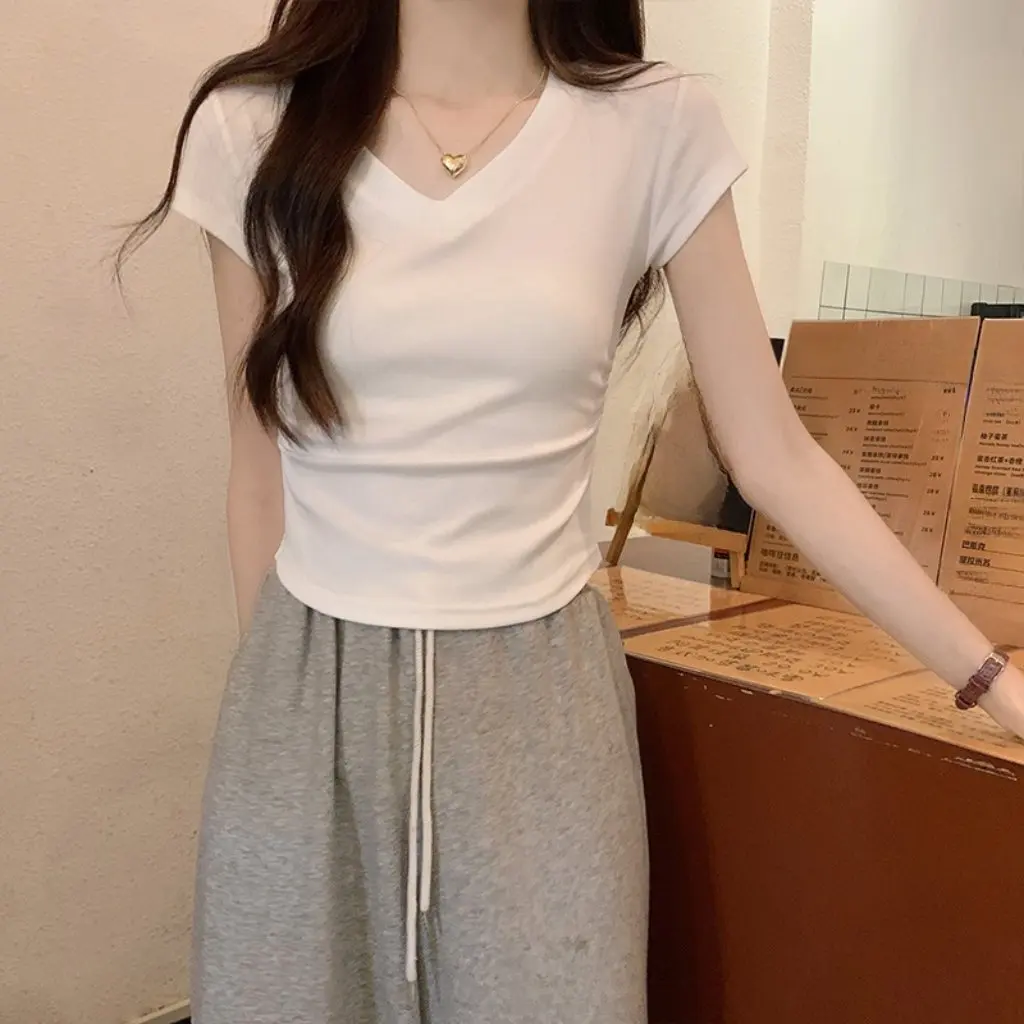 

Женская белая футболка с v-образным вырезом и короткими рукавами, облегающий летний топ, новый сладкий и модный облегающий крой для эффекта похудения