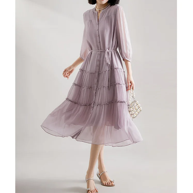 100% Mulberry Silk Women's Dresses High Quality Dresses V-Neck Women Clothing Elegant Summer Dress New 2024 Vestidos Mujer