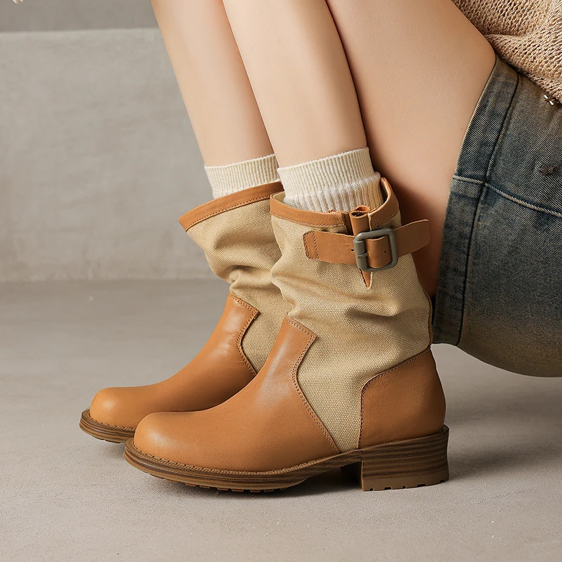 2026 autumn winter New Retro Women Boots Round Toe Short Boots Buckle Strap Genuine Leather Canvas Women Shoes Zapatos De Mujer