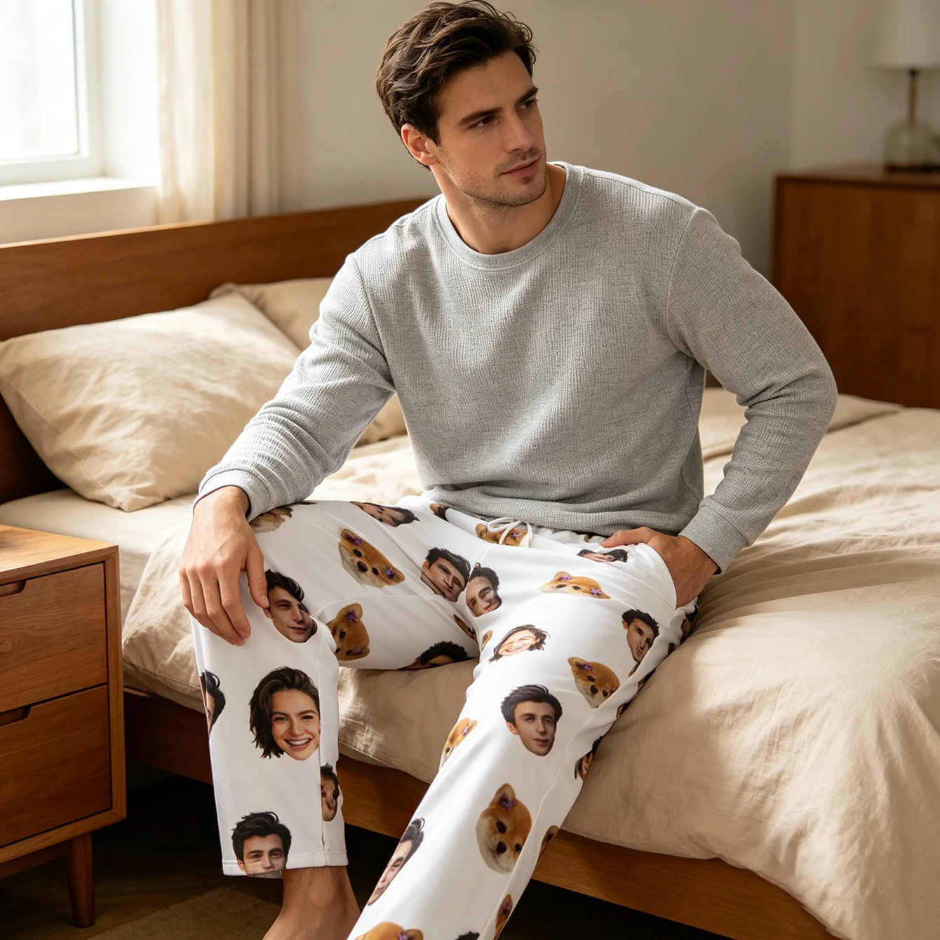 Customized Sleeping Pants with Personalized Facial Photos Long Sleeved Warm Sleeping Pants for Both Men and Women Fun Christmas