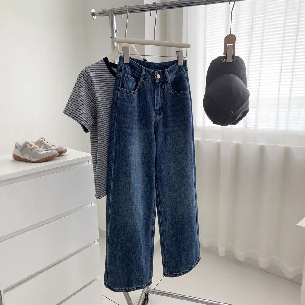 

Retro Pockets Embroidered Straight Jeans Women Korean Style Simple High Waist Casual Denim Trousers New Female Wide Leg Pants