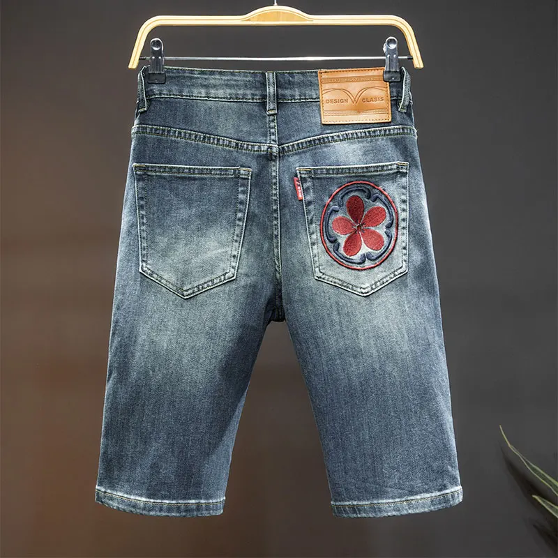 Chinese Style Embroidery Denim Shorts Men's Summer High-End and Fashionable Personality Street Slim Stretch Casual Cropped Pants