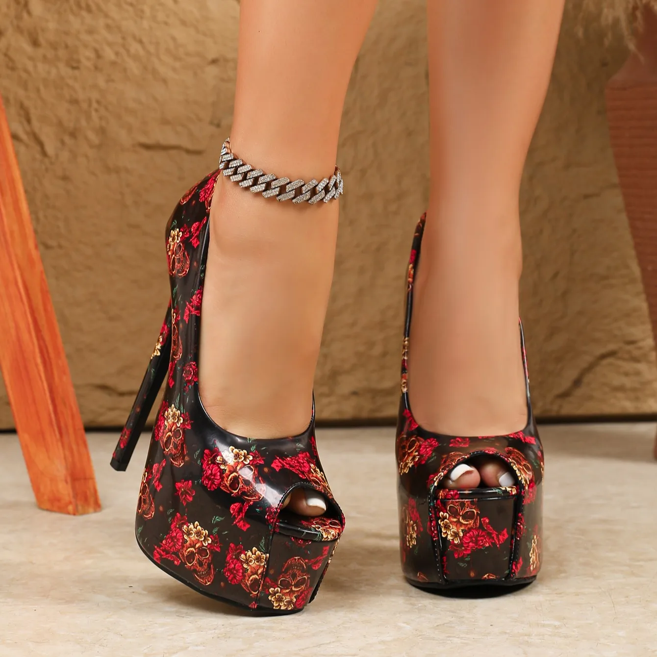 

Aneikeh Fashion Round Toe Exposed Toe Color Blocked 16cm Platform Pumps Ultra-high Heels Women Banquet Party Dress Shoes