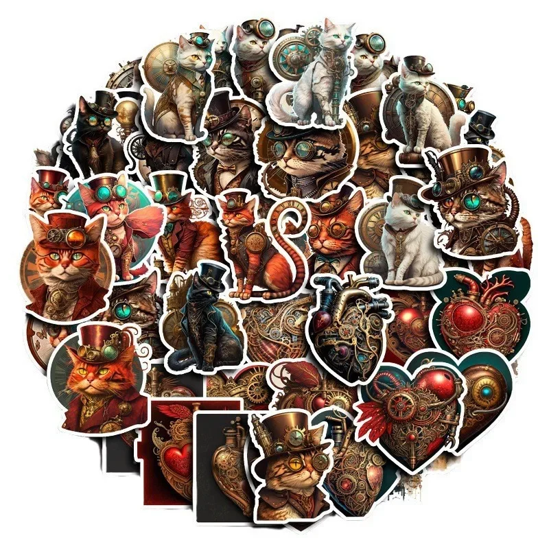 50Pcs Steam Punk Cat Retro Style Hand Net Material Stickers Luggage Case Computer Decal Room Decorative Prop Funny Toy