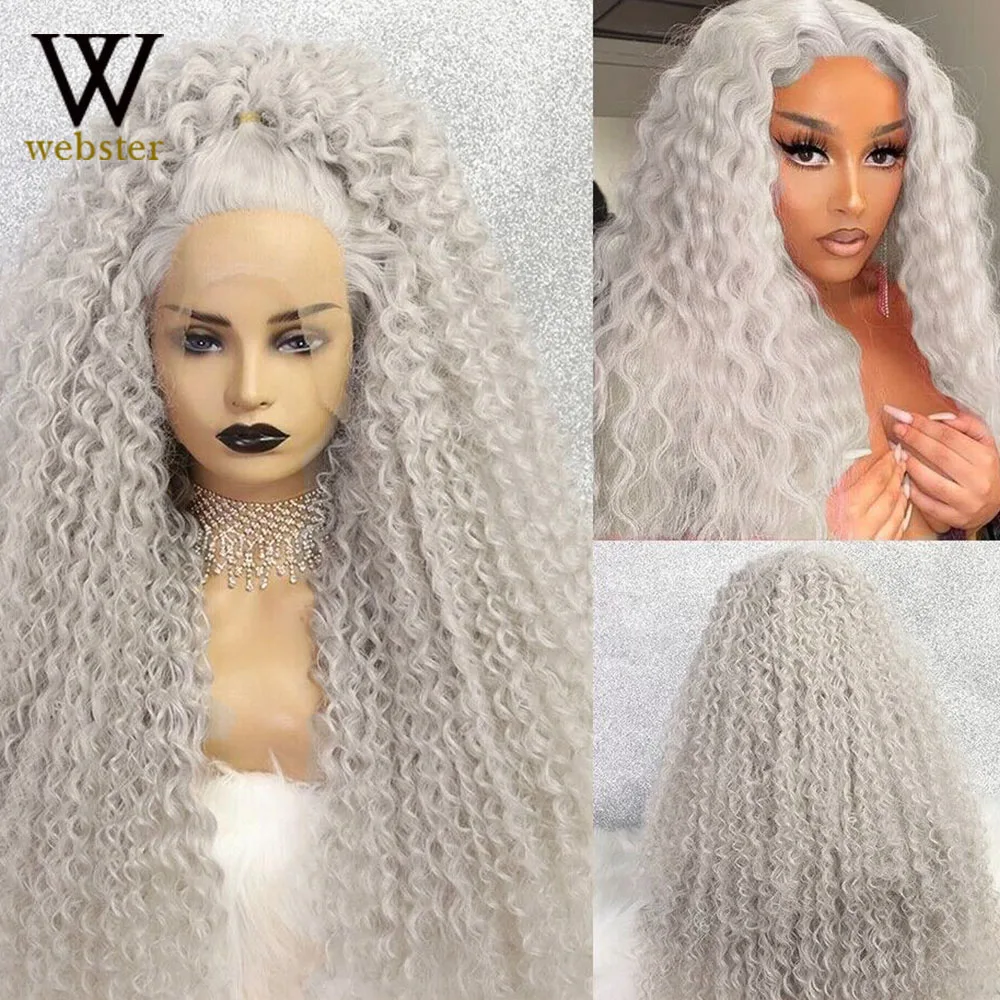 Webster-Perruque Lace Front Wig Synthétique Sans Colle pour Femme, Cheveux Longs Bouclés, Ondulés, Gris Argent