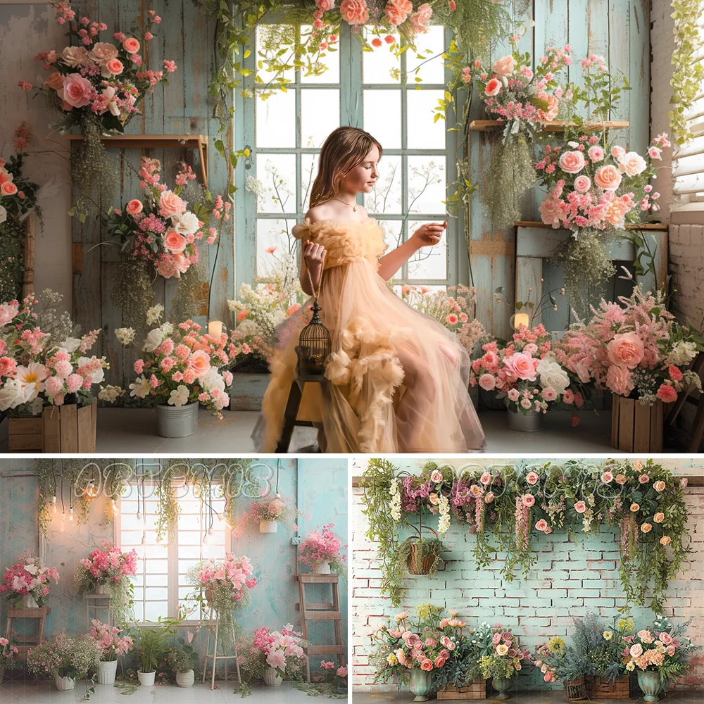 Fundo de fotografia floral vintage tema, primavera tempo set up, parede de tijolo, fundo verde retrato aniversário, estúdio de fotografia