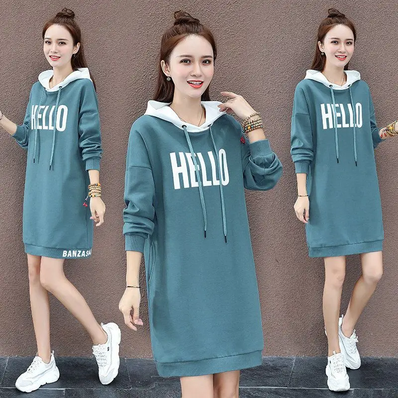 Fashion Printed Letter Spliced All-match Lace Up Hooded Mini Dress Female Clothing 2024 Spring New Loose Korean Casual Dresses