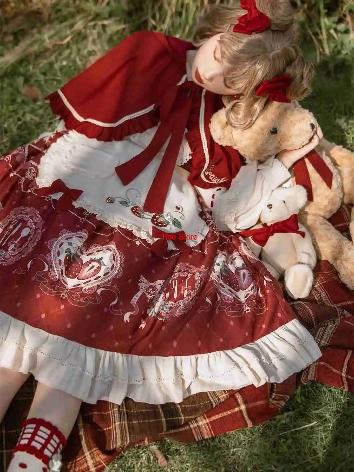 

Strawberry Diary Lolita Girl Dress Little Red Riding Hood Apron Cape Op Dress Christmas Red New Year Spring Festival