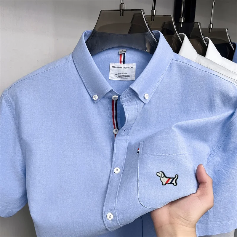 100% cotton short sleeve shirt men's summer designer brand new striped color blocking fashion puppy embroidery luxury lapel top