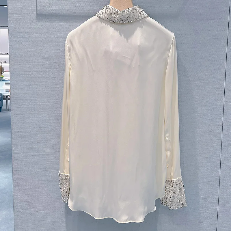 เสื้อเชิ้ตซาตินหรู ปกบาก ไม่ยับ ทำมือ ประดับเพชร แขนยาว สไตล์ Y2K เสื้อยืดสำหรับฤดูใบไม้ร่วงและฤดูหนาว