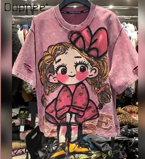 الربيع والخريف جديد الثقيلة الحرفية الكرتون 3D فتاة صغيرة قصيرة الأكمام تي شيرت للنساء فضفاضة عارضة الحلو نمط نصف كم أعلى #1