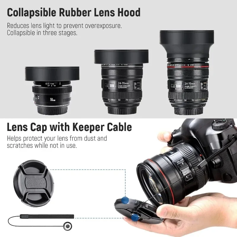 

Wide angle/2.2X telephoto additional lens, (+1+2+4+10) close-up macro/ND/UV/CPL/FLD suitable for 52mm camera lenses.