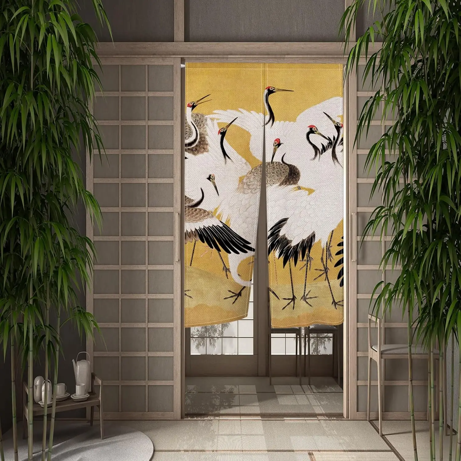 Japanese Doorway Curtain Japanese Style Cranes Printed Window Treatment Door Tapestry Privacy Partition Divider Panel for Home