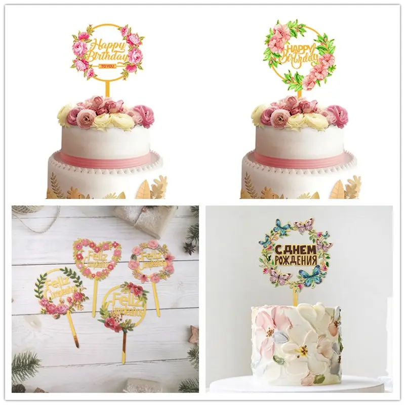 New Multilingual Happy Birthday Cake Topper Gold Acrylic Spanish Language Dessert Cake Toppers for Baby Shower Party Decoration