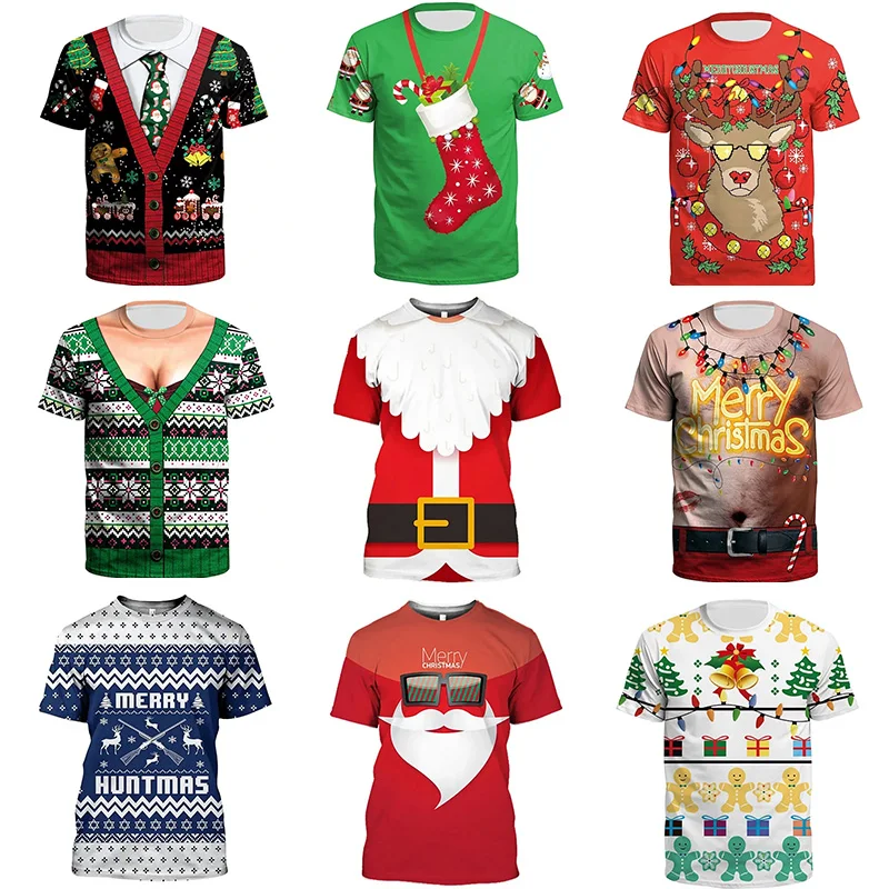 

Christmas Elements T-Shirts For Men 3D Santa Claus Socks Reindeer Short Sleeve Tops Summer T Shirt Loose Tee Shirt Men Clothing