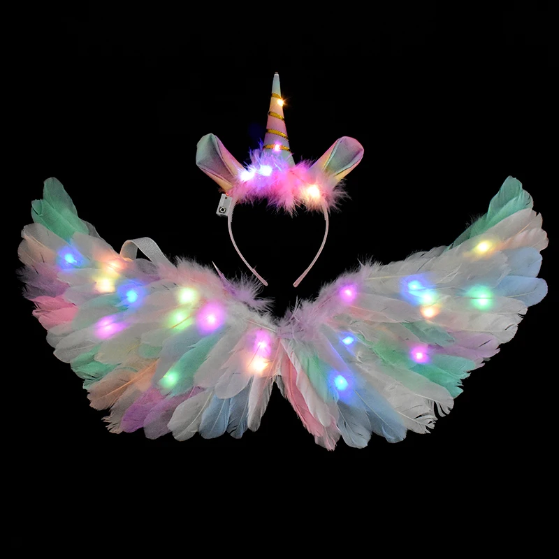 LED Colour Angel Feather Wings Girls Unicorn Halo Headband Fairy Stick Luminous Prop Cosplay Party Costume Glowing Accessories