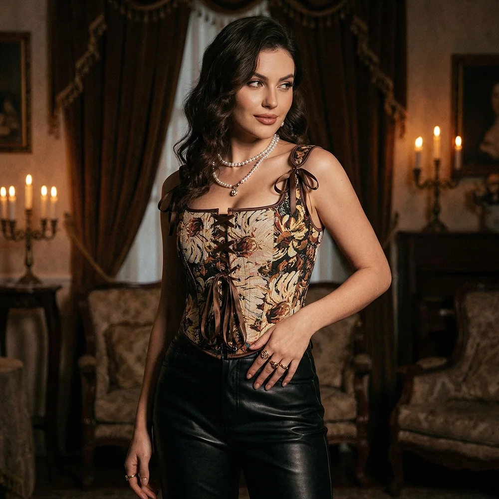 

Women Sexy Corset Bustier Crop Top Lace Up Plastic Bones Victorian Fashion Jacquard Gothic Waist Trainer Overbust Corselet