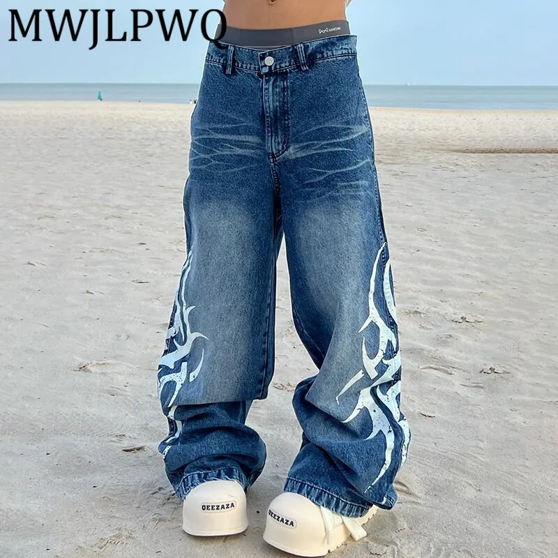 

MWJLPWQ трендовые свободные нишевые мешковатые джинсы с большим принтом, унисекс, High Street, осень 2022, повседневные широкие брюки, шикарные новые 12506