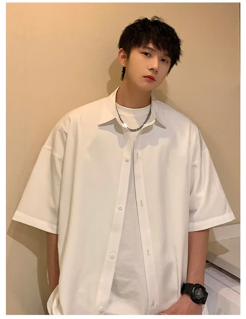 

Japanese Solid Color Loose Casual Short Sleeved Shirt For Men Summer Korean Fashion Thin Harajuku Minimalist Shirt Coat Y2k