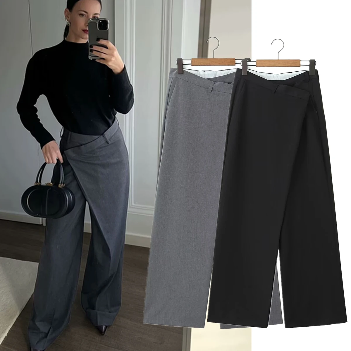 Maxdutti traje asimétrico para mujer, pantalones de pierna ancha, moda minimalista nórdica, pantalones casuales sueltos de cintura alta para verano