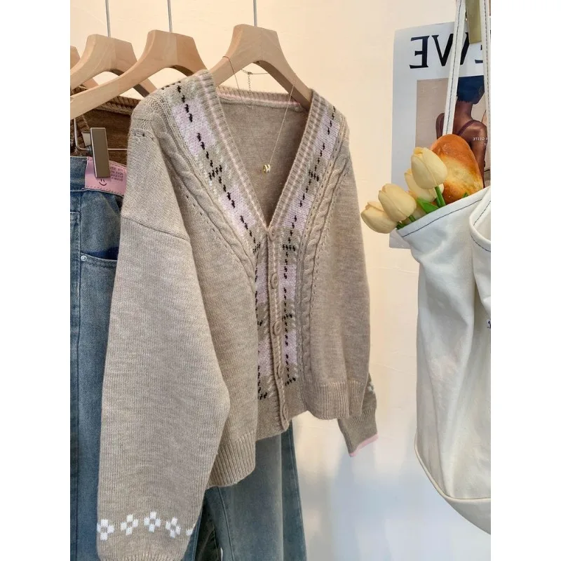 Color Contrast Knit Cardigan Female Springtime Japanese Series Retro Sense Sweater Lazy Wind Loose Coat Autumn and Winter Top