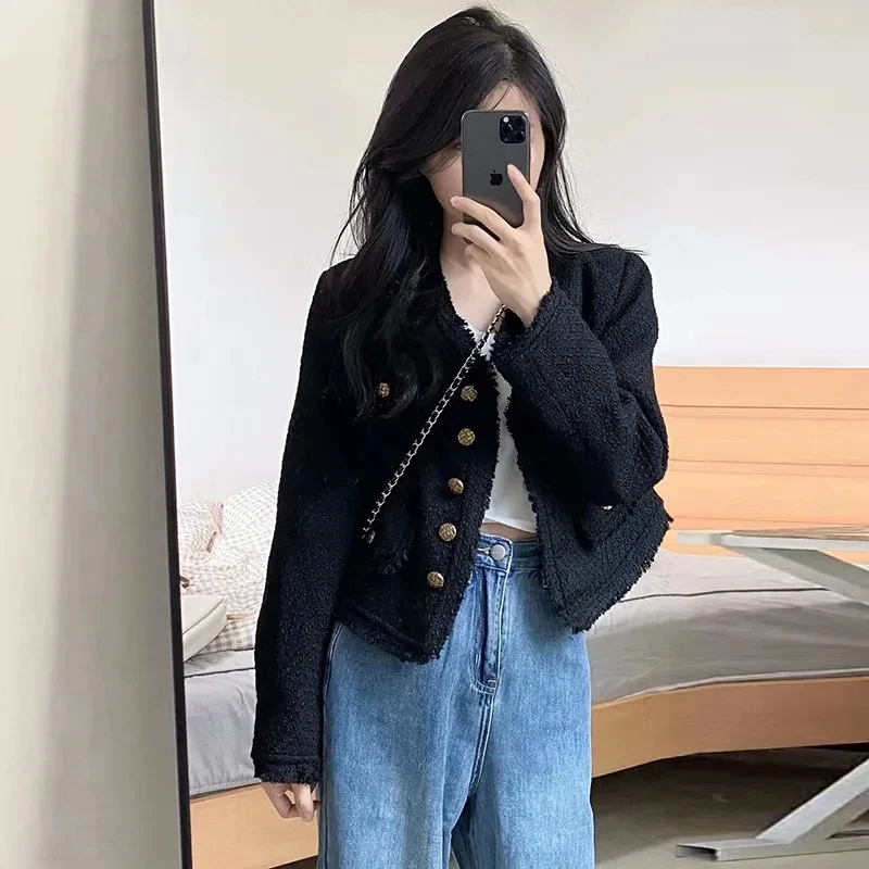 Spring Autumn Female Advanced Sense Black Short Small Fragrant Coat Jacket Women Long Sleeved Tweed Wool Outwear  Tops