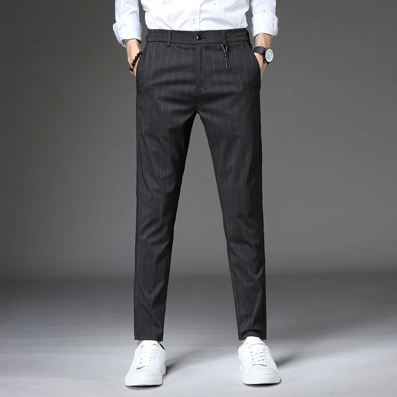 2023 Spring Summer Men Grey Pants Men Casual Business Office Stripe Pants Male Slim All-Match Fashion Pants Straight Trousers