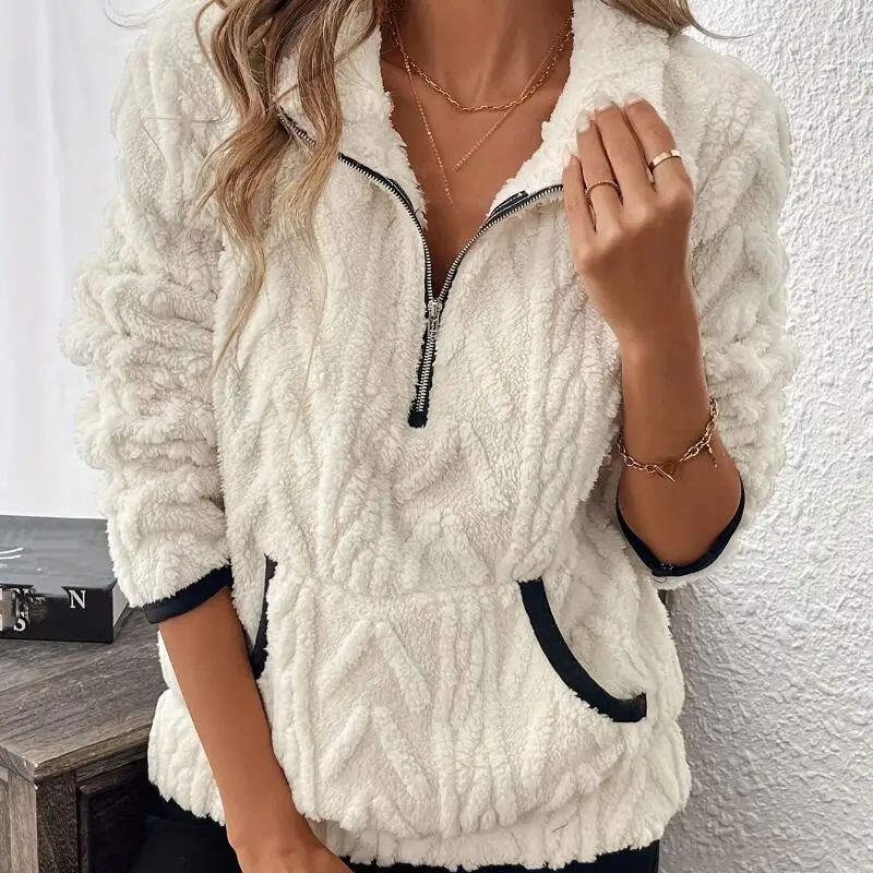 

Осень-зима 2025: новая жаккардовая толстовка в европейском и американском ленивом стиле с воротником-молнией и плюшевым карманом, новый стиль