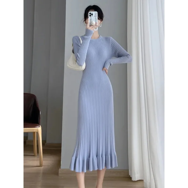 

Thick Mermaid O-Neck Long Sweater Maxi Dress for Women Elegant Casuals Female A-line Slim Sexy Knitting Dress Autumn Winter N18