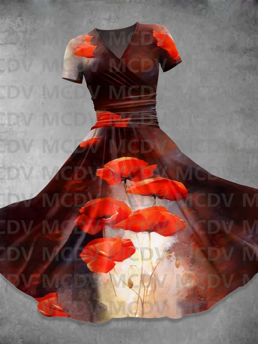 Poppy Art Print Casual Dress 3D Printed Women's Sexy V-neck Dress Female Dresses