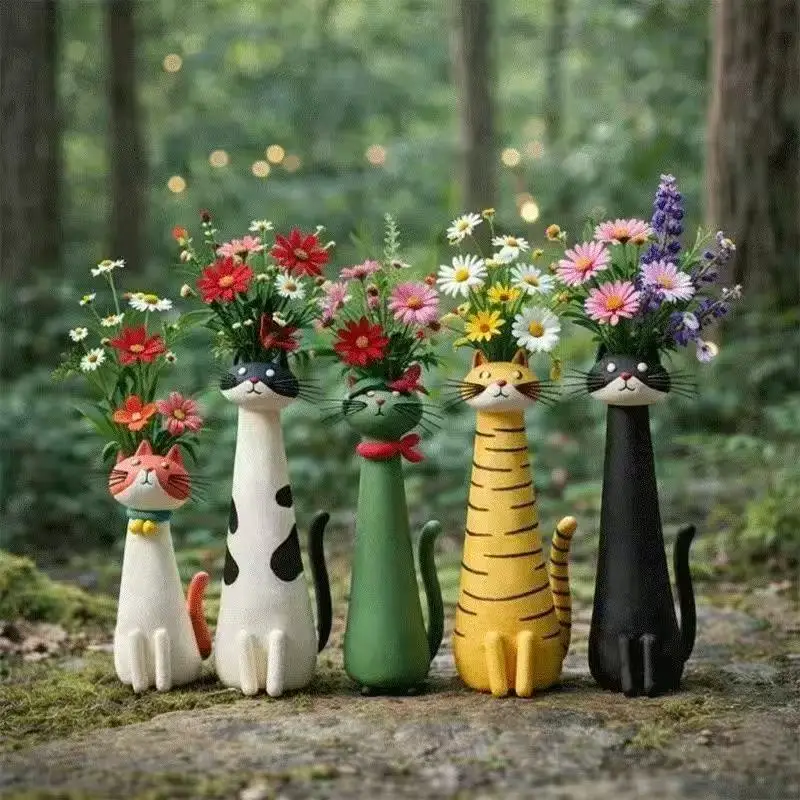 Long Neck Cat Shaped Resin Vase Cute Animal Figurine Small Flower Holder Home Tabletop Decorative Ornament