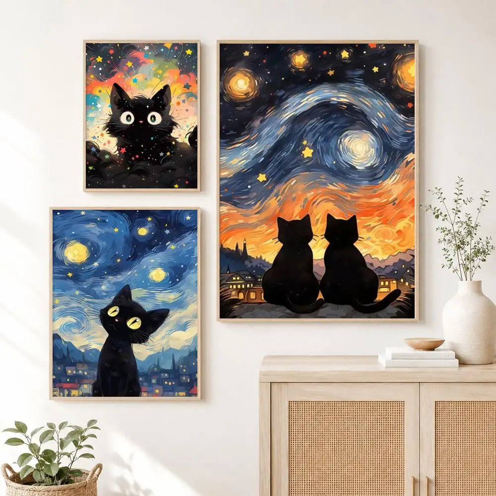Cross Stitch Kit Starry Sky and Black Cat Painting Calligraphy Canvas Poster Art for Bedroom Living Room Home Decor Wall Decals