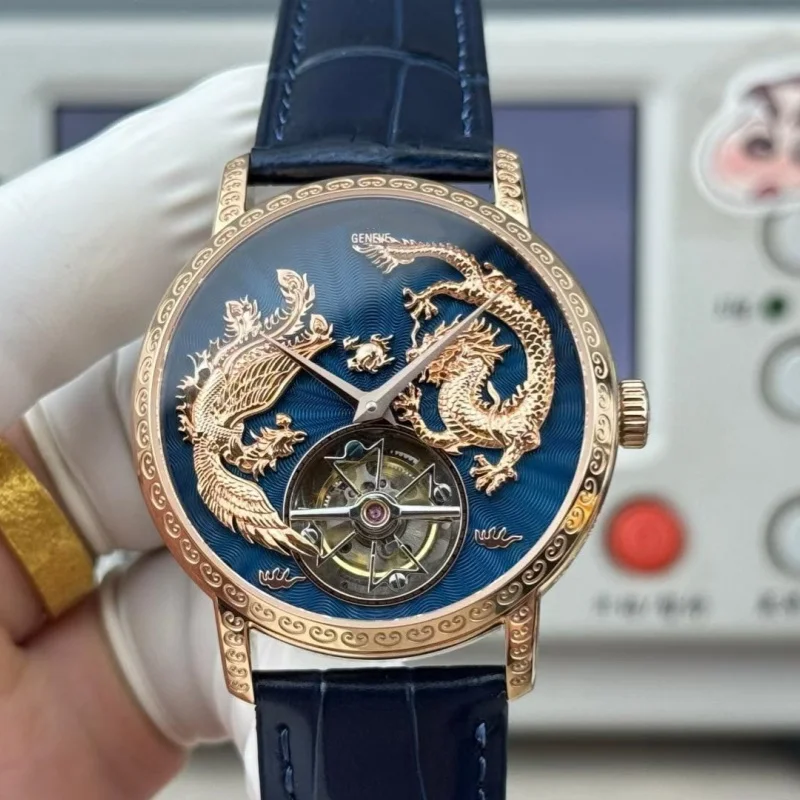 Handmade Private Custom Inherited Series Tourbillon Watch, Mythical Watch of Dragon and Phoenix Playing with Pearl