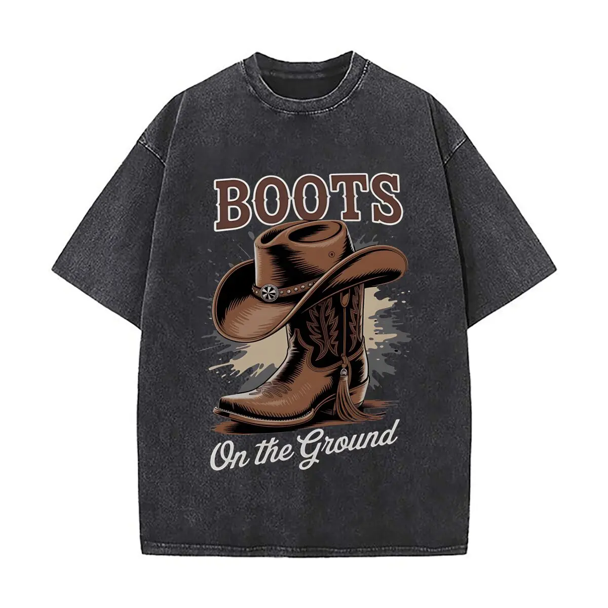 Vintage Cowboy Boots Graphic Washed Distressed Loose Streetwear Tops for City Walks