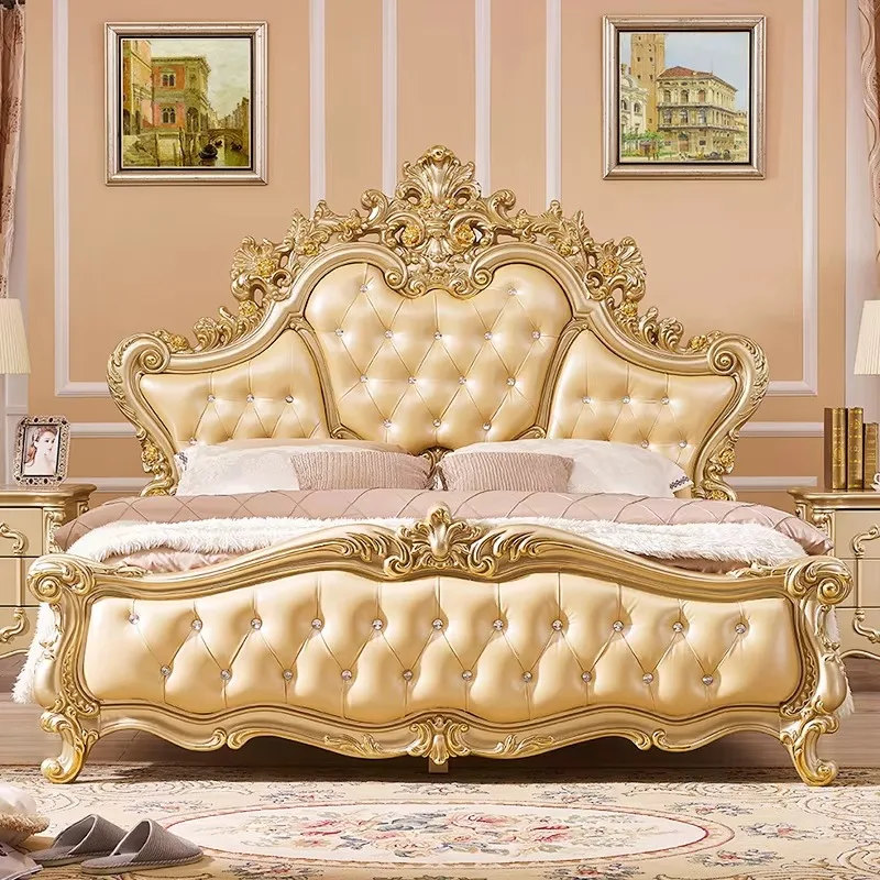 

Gold Luxury Quilted Double Bed Wooden Vintage Soft Single Headboards Double Bed Adults Home Camas De Dormitorio Furniture