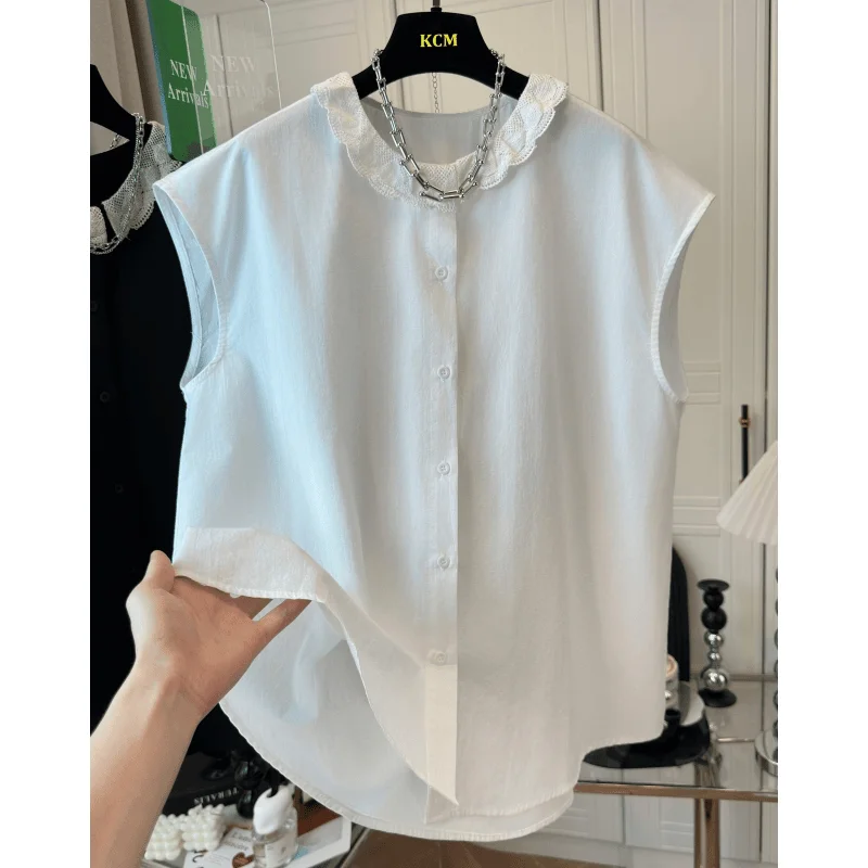 Sleeveless Shirts Female Summer Korean Fashion Loose Ruffles Blouse Women Clothes Casual All-match Plaid Patchwork Buttons Tops