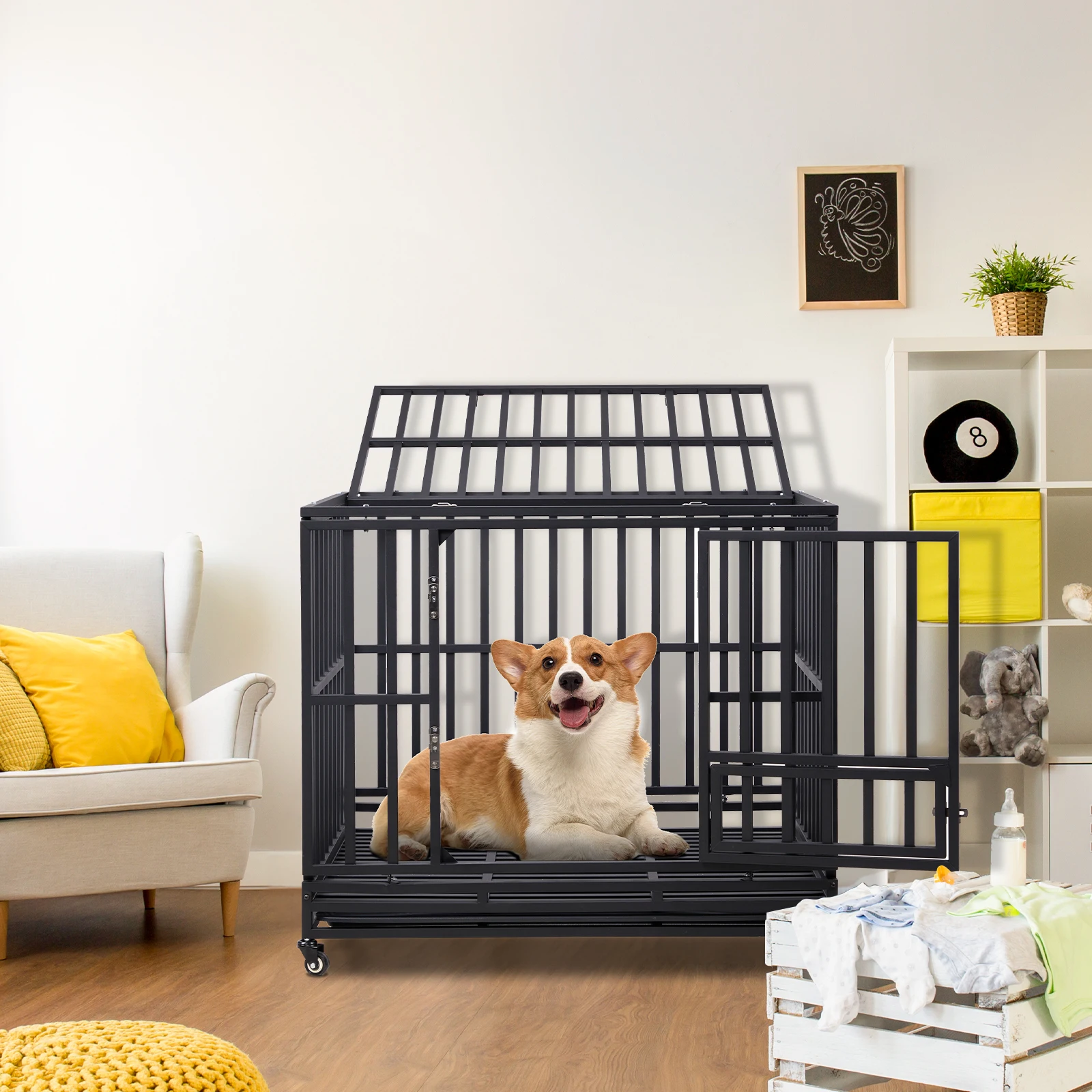 Heavy Duty Dog Crate, 3-Door Dog Kennel for Medium to Large Dogs with Lockable Wheels and Removable Tray for Indoor & Outdoor