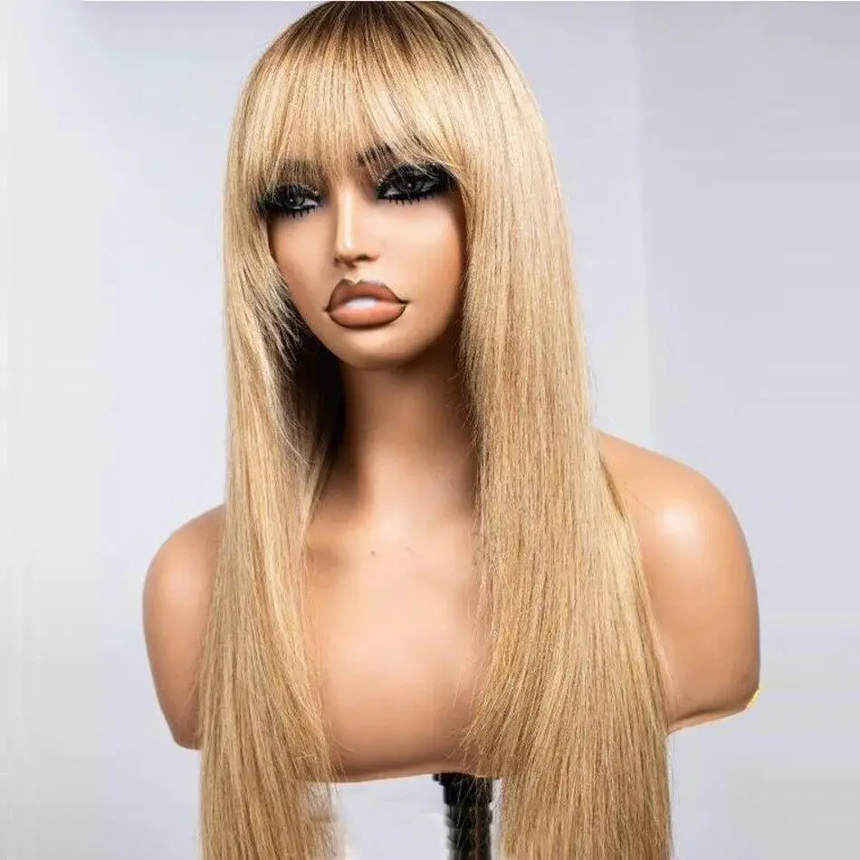 

Full Machine Made Wig With Bangs Brazilian Remy Honey Blonde Ombre Hair