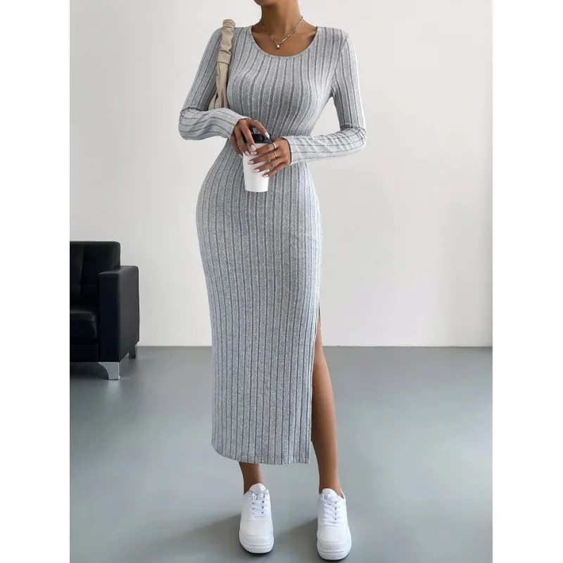 Autumn Winter New Long Sleeve Round Neck Split Knitted Long Dress for Women