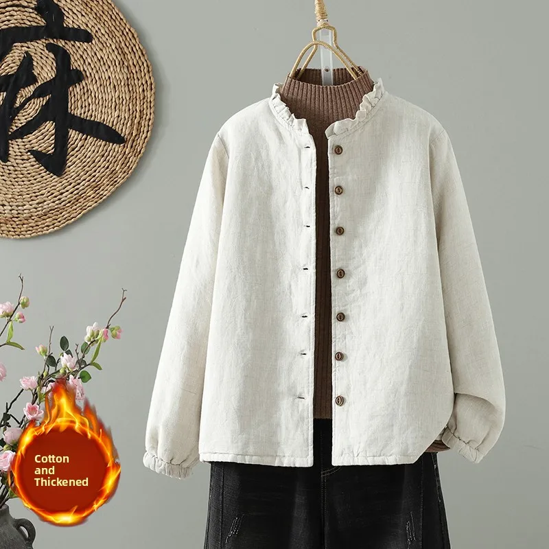 

Высококачественная оригинальная утепленная хлопковая куртка из льна, однотонная, зимняя, новый стиль, с деревянным воротником, длинный рукав, стандартный крой.