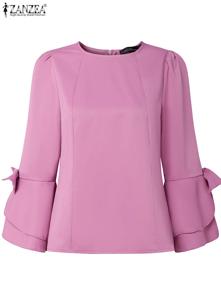 Blusas de trabajo elegantes de manga 3/4 para mujer, camisa de oficina de verano ZANZEA, Tops tipo túnica ajustados con lazos elegantes, Blusas informales sólidas para fiesta 2025