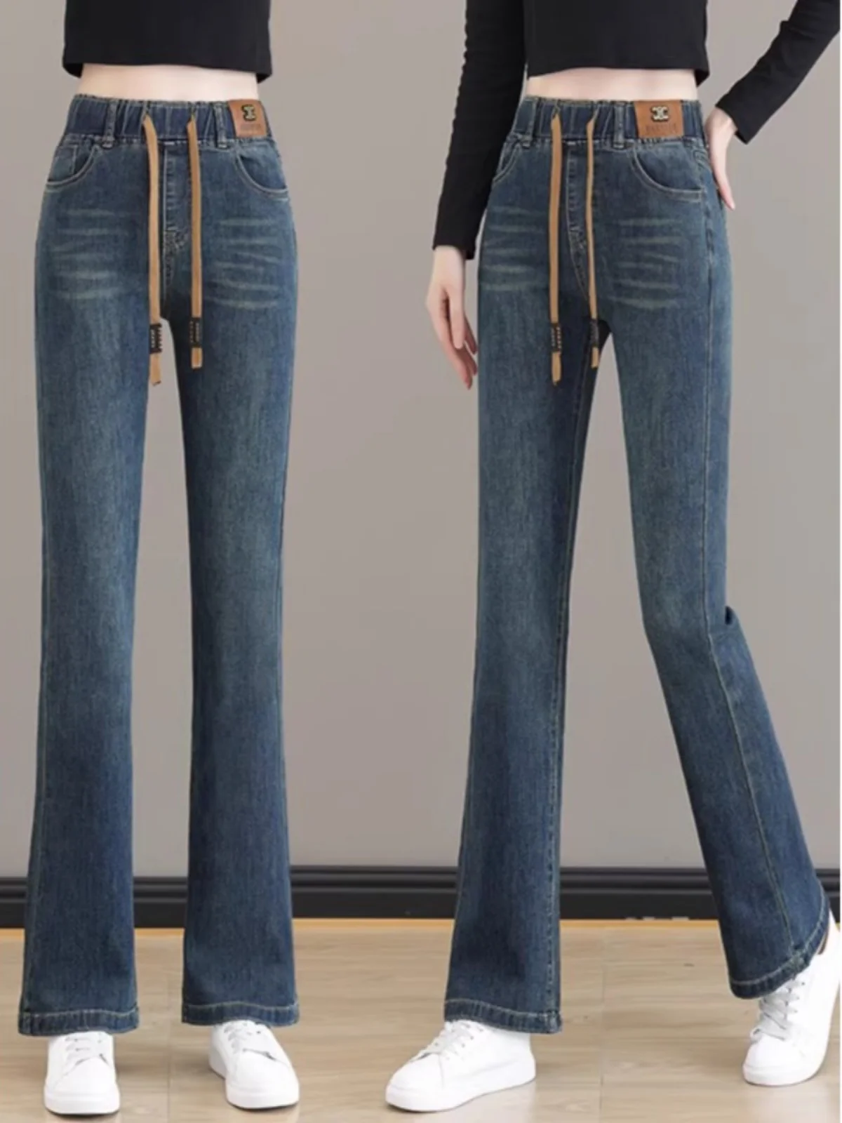 

Расклешенные джинсы с высокой талией, большие размеры, облегающие свободные женские джинсовые брюки с эластичной резинкой на талии, весна 2024, модные трендовые темно-синие джинсы