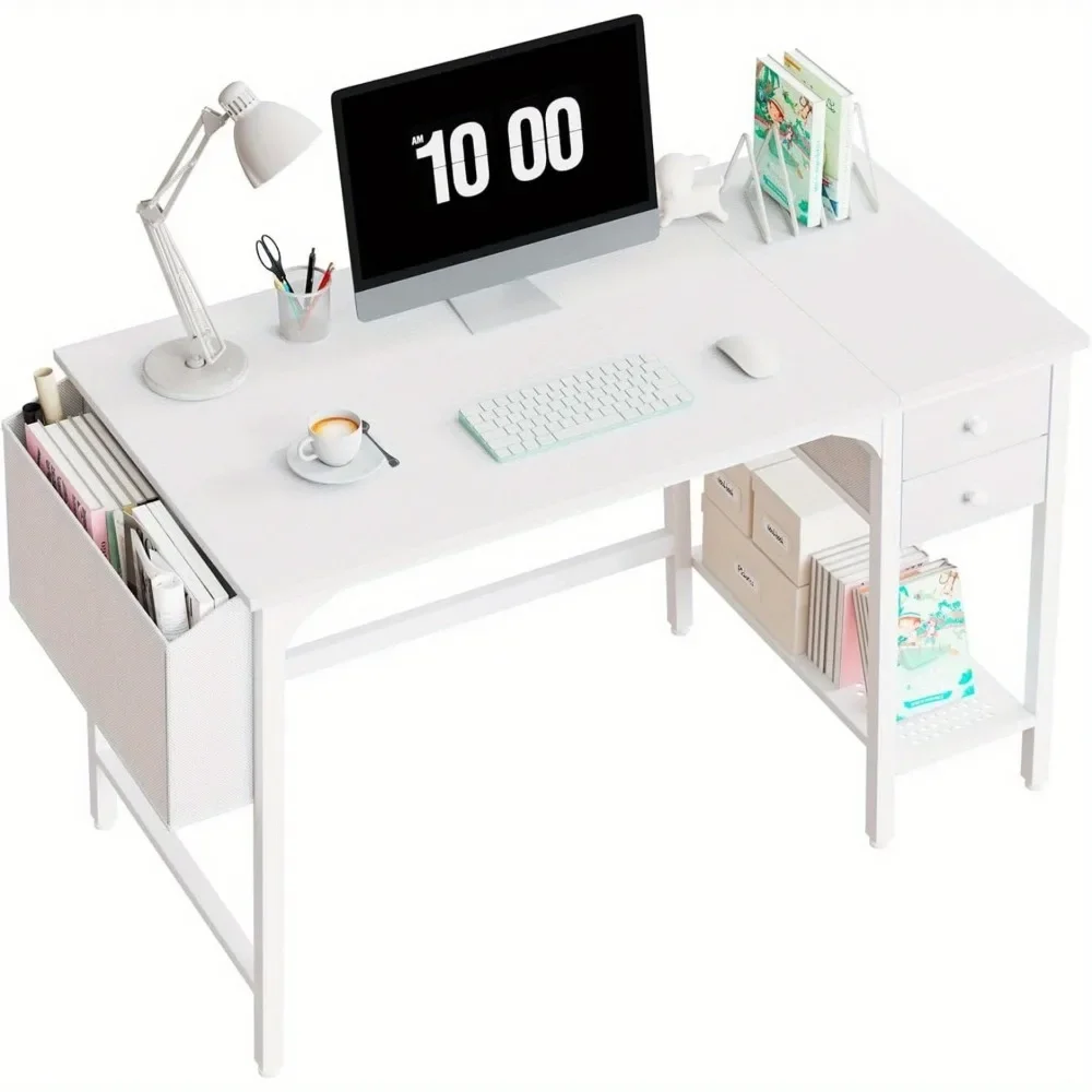 40 Inch Modern White Desk for Small Spaces - Elegant Small Desk with Drawers, Ideal for Home Office, Contemporary Study