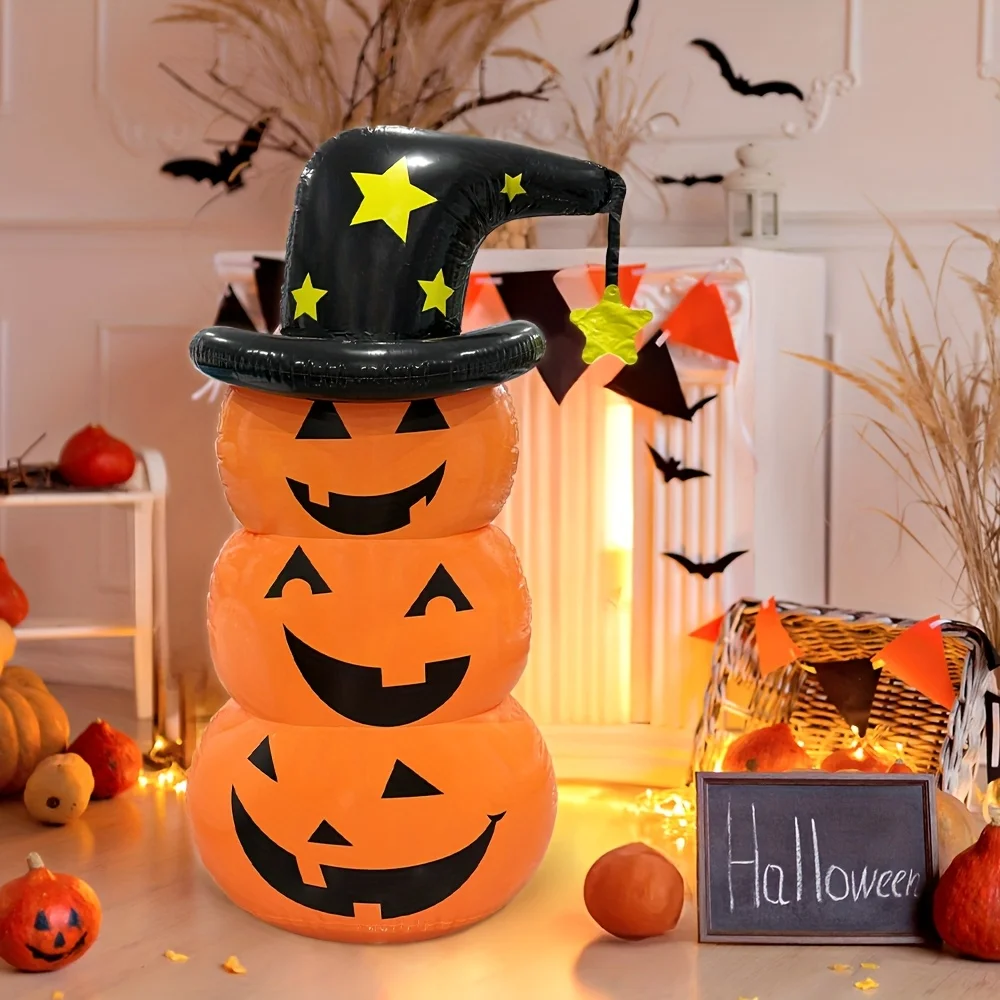 1pc Halloween Inflatable Stack Pumpkin Tumbler Blow‑up Witch Hat Pumpkin for Home Yard Decor