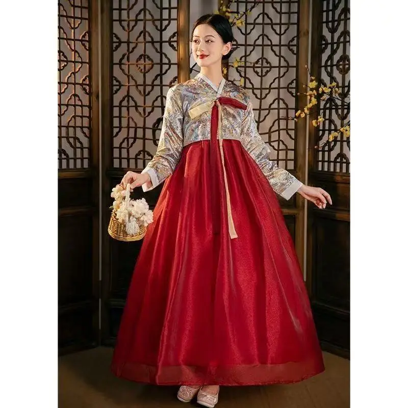 

New In Women's Hanbok Traditional Korean Clothing Court Style National Dance Tops Skirt Set Festive Red Stage Uniforms Female