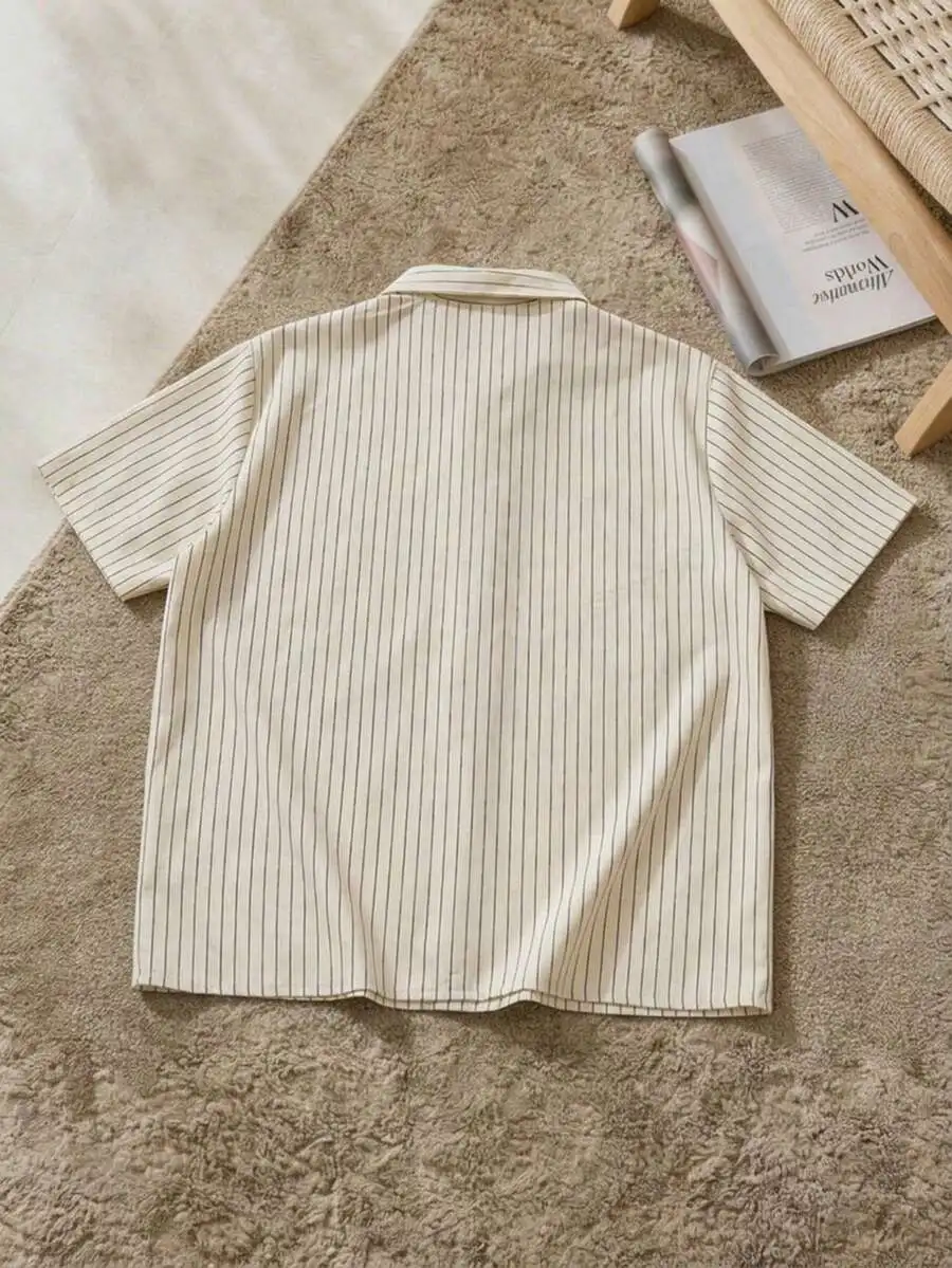 

Mens Cream Striped Short Sleeve Casual Button Up Shirt