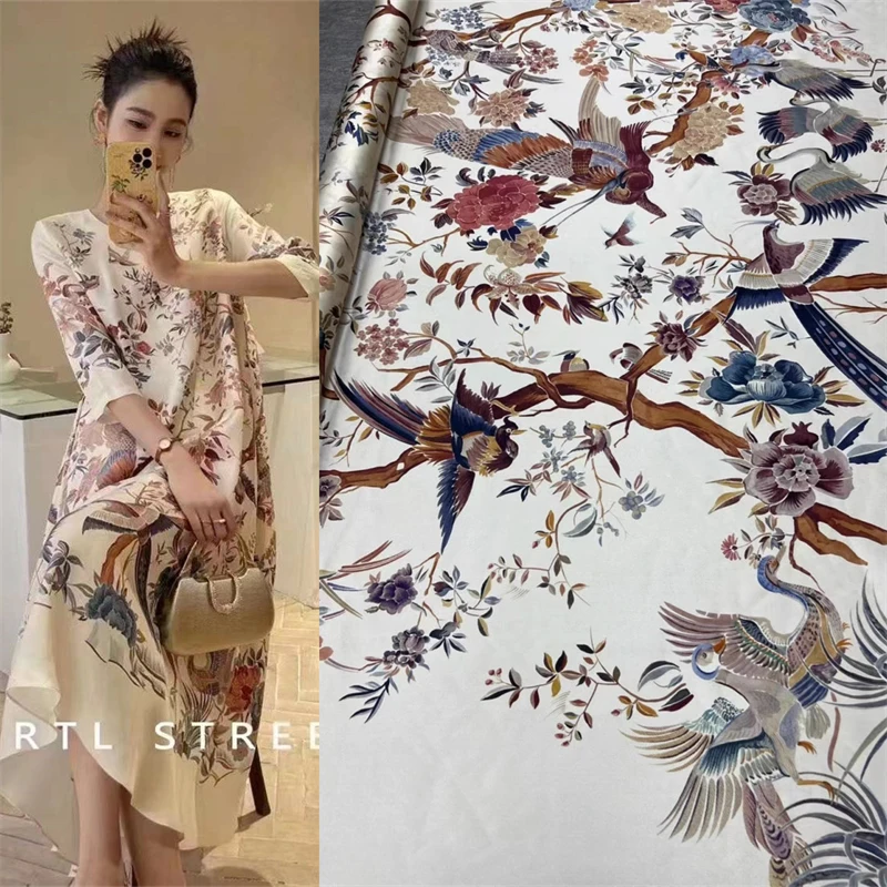 Europe and America Big Brand Chinoiserie Popular Bird Print Twill Silk Fabric DIY Dress Positioning High-end Luxury Fabric Satin