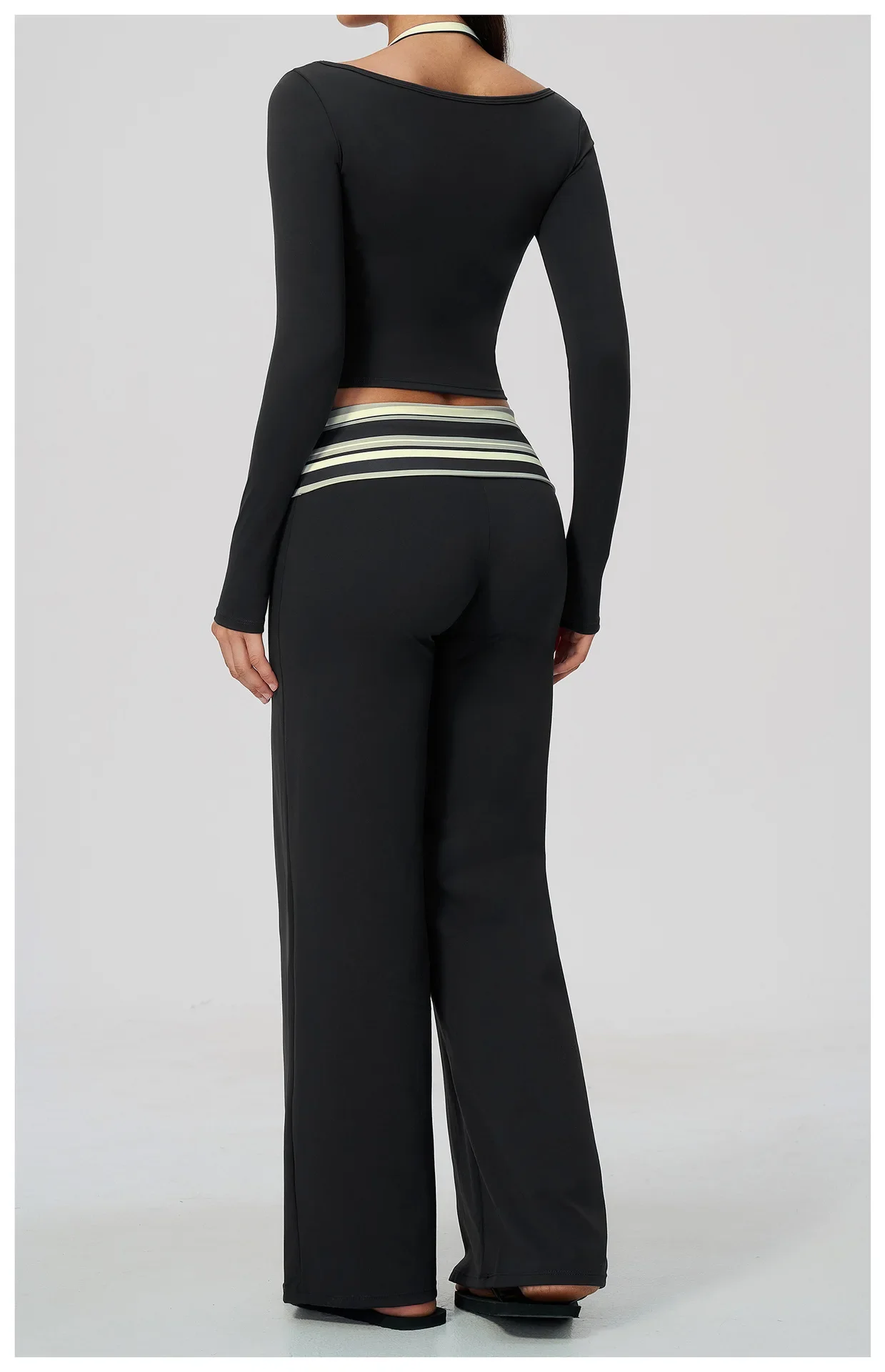 Damen 2-teiliges Yoga-Outfit, Langarm-Oberteil mit schmaler Passform, gestreifte, weit geschnittene Flare-Hose, Activewear-Set für Fitnessstudio, Training und Fitness – Detail 16