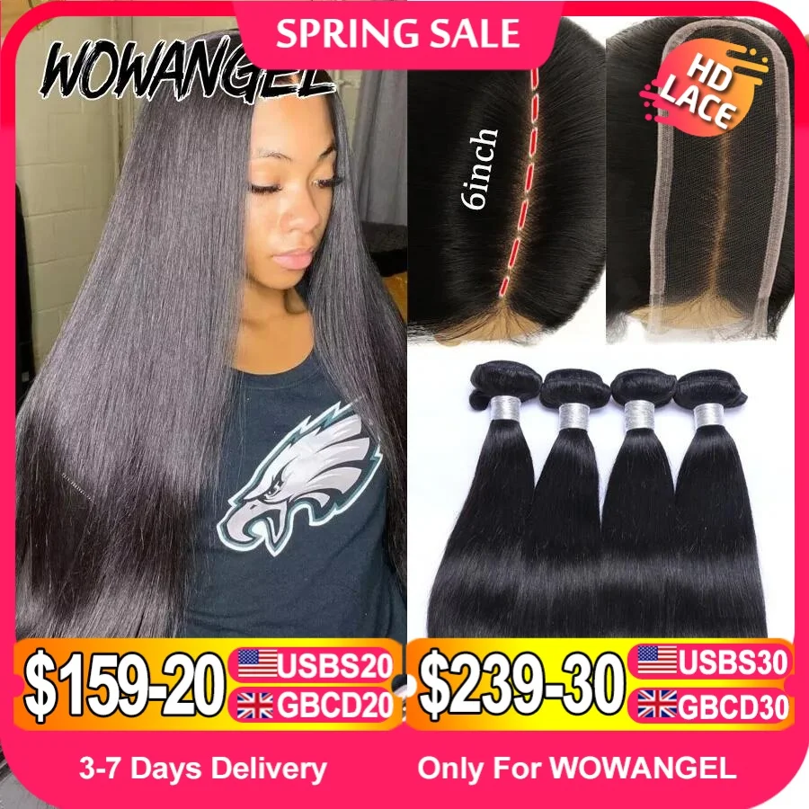 Wow Angel 2x6 HD Cierre de encaje con mechones de cabello humano piel fundida de separación profunda 30 extensiones de cabello liso brasileño de 32 pulgadas