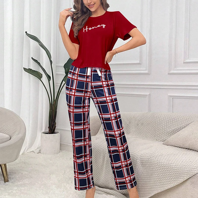 Women\'s Pajama Pj Set Letter Print Short Sleeve Top & Plaid Print Pants with Bow Details Casual Sleepwear for Adults All Seasons